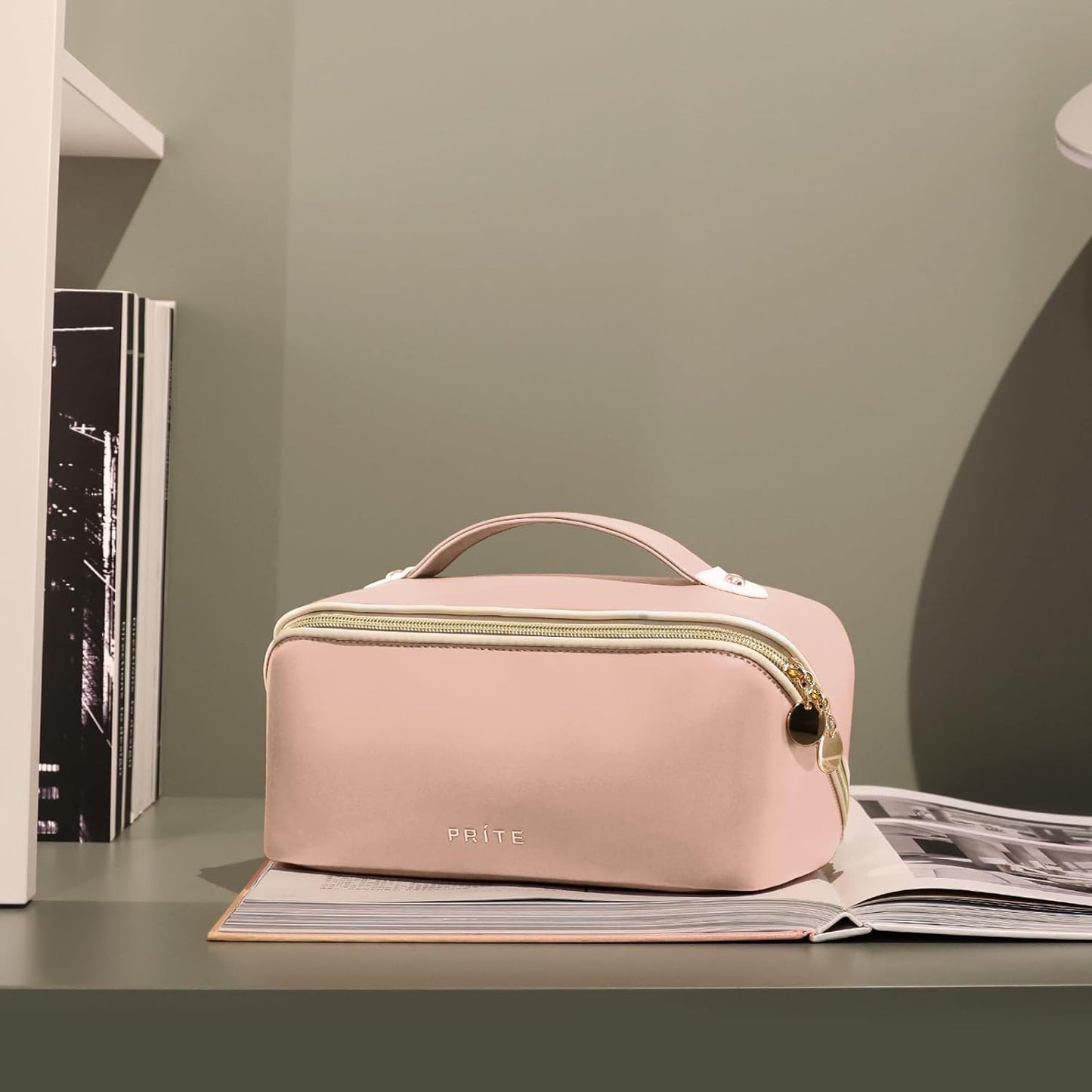 Makeup Bag for Women Travel Waterproof Vegan Leather Cosmetic Bag Open Flat Toiletry Bag with Clear Divider and Handle (Pink, Medium)
