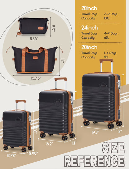 5-Piece Luggage Set ABS Hardshell Suitcase with TSA Lock（20"Carry-On and 24" Travel Suitcase、28"Checked Luggage)-Black