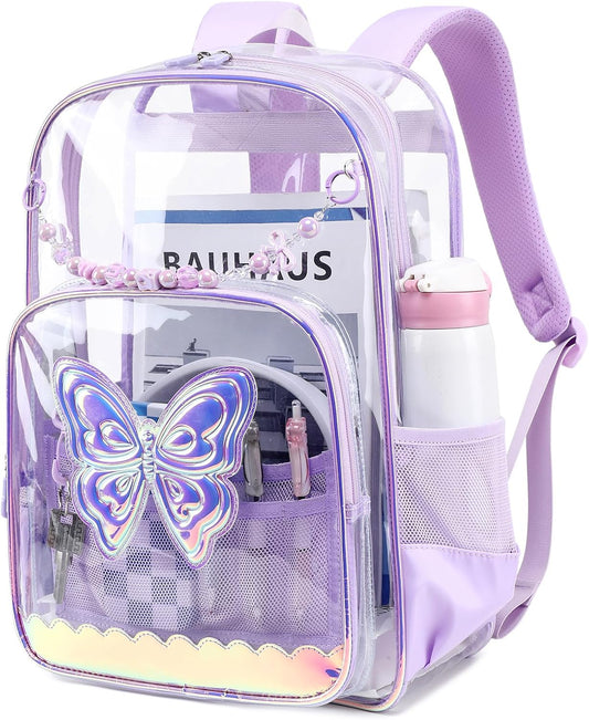 Clear Backpack for School, Clear Bookbag for Girls PVC Heavy Duty Transparent Backpack, Purple Butterfly