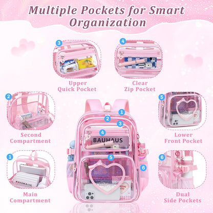 Clear Backpack for School Girls, Cute Heavy Duty PVC Transparent Bookbag, See-Through Bag for Stadium Event Pink