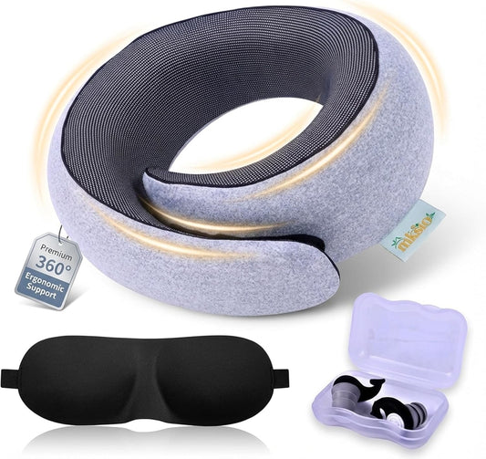 Neck Pillow Airplane Travel Set - Memory Foam Pillow for Plane and Driving Neck Rest - 360 Ergonomic Support Travel Neck Pillows for Sleeping - Washable Cushion Kit for Flight, Car & Office