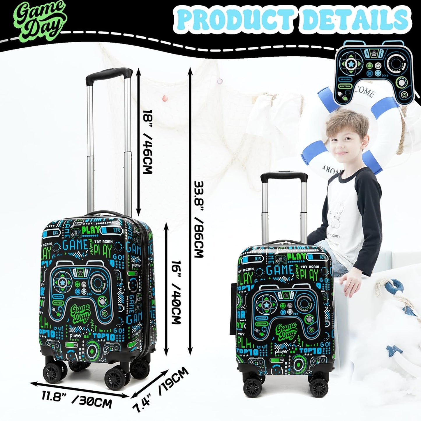 Kid'S Luggage Set 5 Piece Suitcase Set 16" Hardside Luggage with Spinner Wheels Boys Carry on Toddler Travel Rolling Luggage Airline Approved