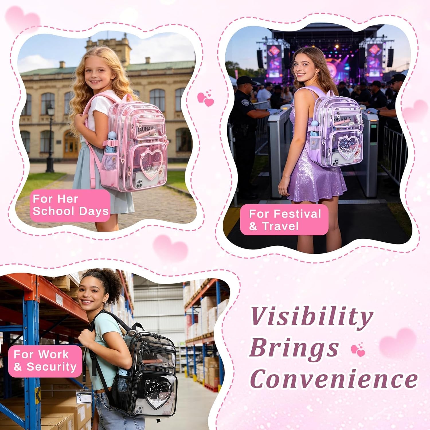 Clear Backpack for School Girls, Cute Heavy Duty PVC Transparent Bookbag, See-Through Bag for Stadium Event Pink