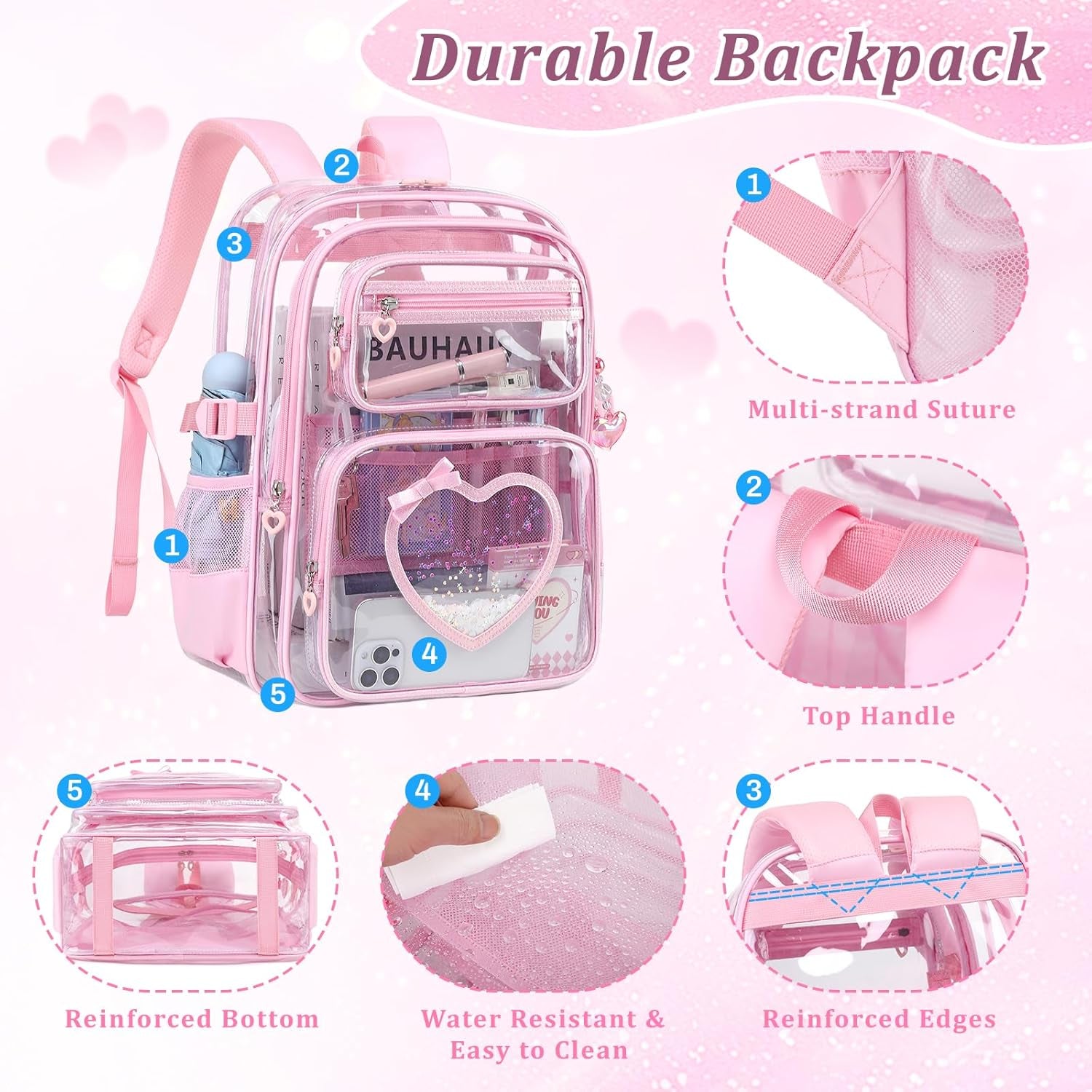 Clear Backpack for School Girls, Cute Heavy Duty PVC Transparent Bookbag, See-Through Bag for Stadium Event Pink