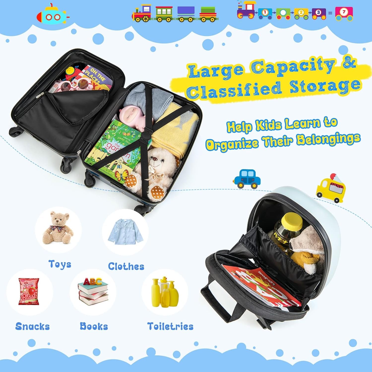 Kids Luggage, 12" Toddler Backpack & 16" Travel Suitcase with Wheels, Lightweight Toddler Girls Suitcase, Durable ABS Hardshell, 2Pcs Carry on Luggage Set for Boys Girls(Car)