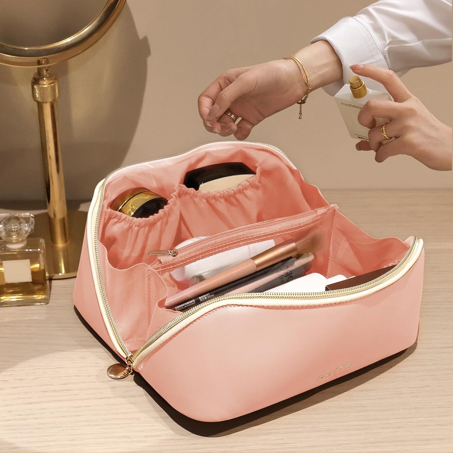 Makeup Bag for Women Travel Waterproof Vegan Leather Cosmetic Bag Open Flat Toiletry Bag with Clear Divider and Handle (Pink, Medium)