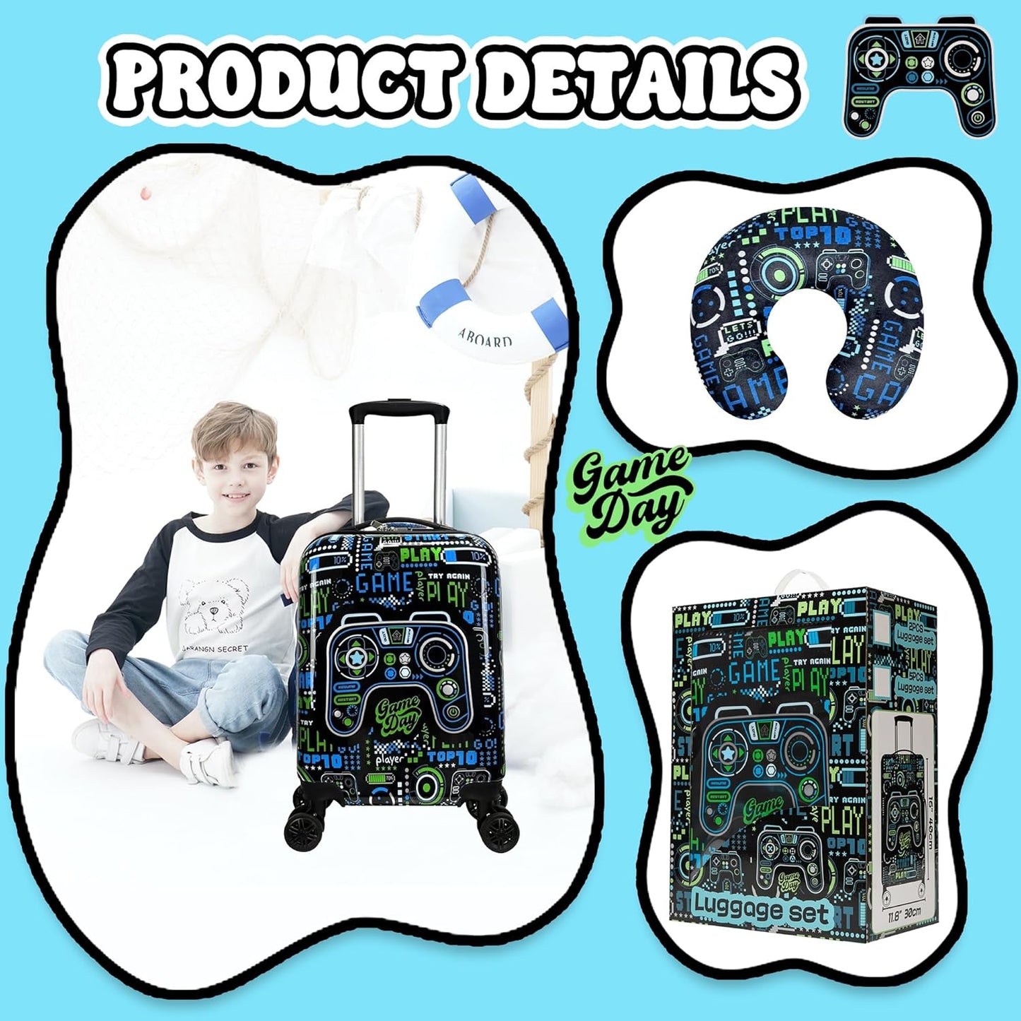 Kid'S Luggage Set 5 Piece Suitcase Set 16" Hardside Luggage with Spinner Wheels Boys Carry on Toddler Travel Rolling Luggage Airline Approved