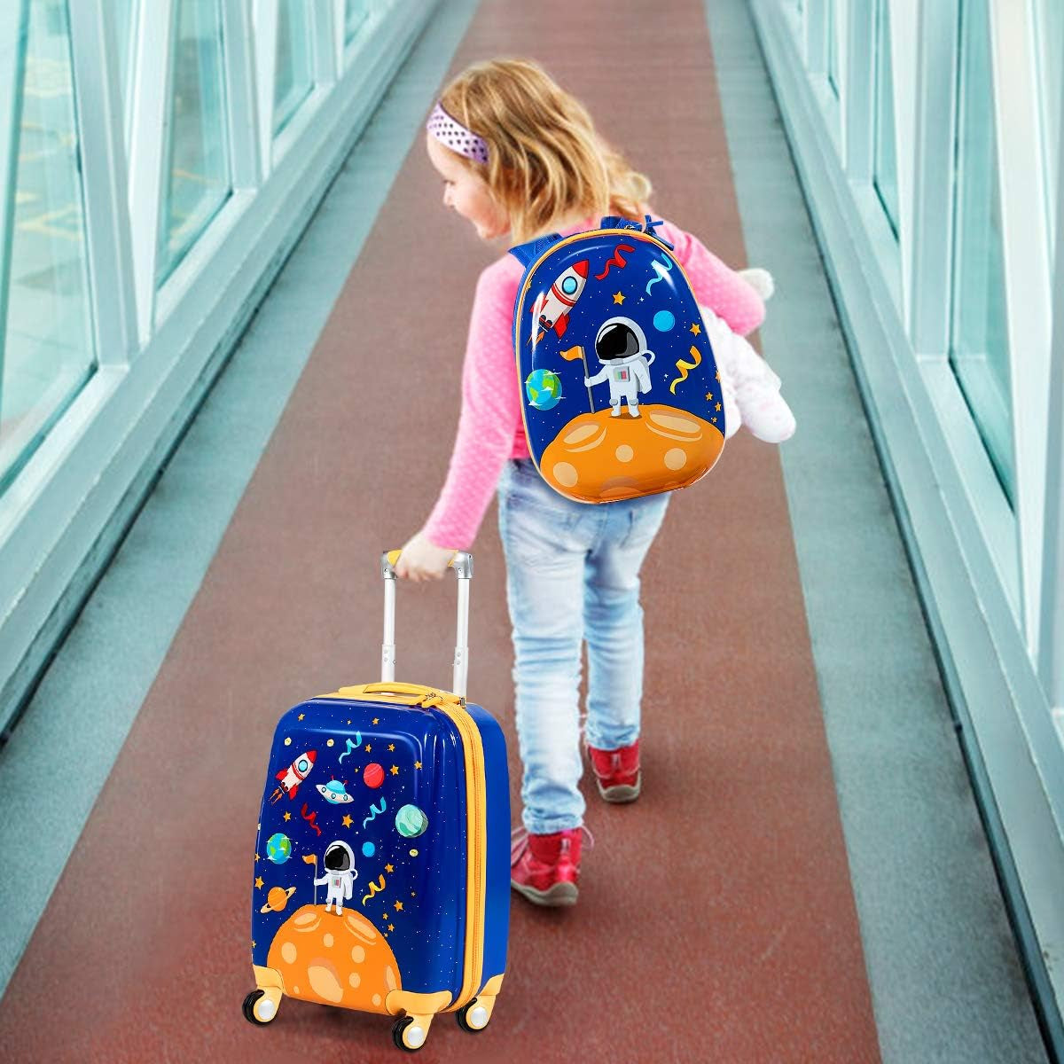 Kids Luggage, 12" Toddler Backpack & 18" Travel Suitcase with Wheels, Lightweight Toddler Suitcase, Durable ABS Hardshell, 2Pcs Carry on Luggage Set for Boys Girls, Blue Astronaut