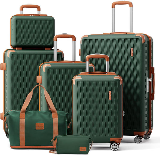 7-Piece Hard Shell Luggage Set with Spinner Wheels and TSA Lock, Lightweight Travel Duffel Bag for Men and Women, Green and Brown