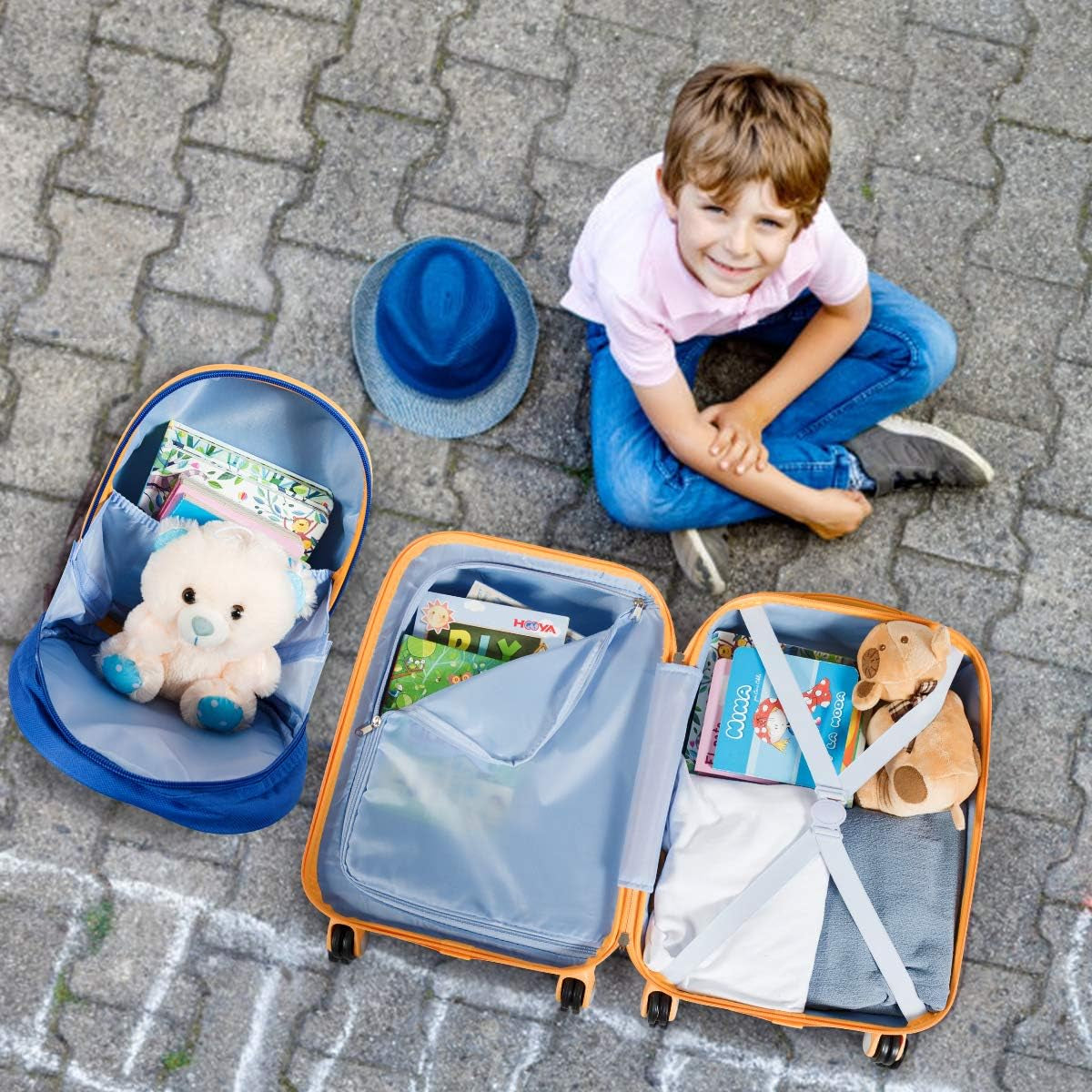 Kids Luggage, 12" Toddler Backpack & 18" Travel Suitcase with Wheels, Lightweight Toddler Suitcase, Durable ABS Hardshell, 2Pcs Carry on Luggage Set for Boys Girls, Blue Astronaut