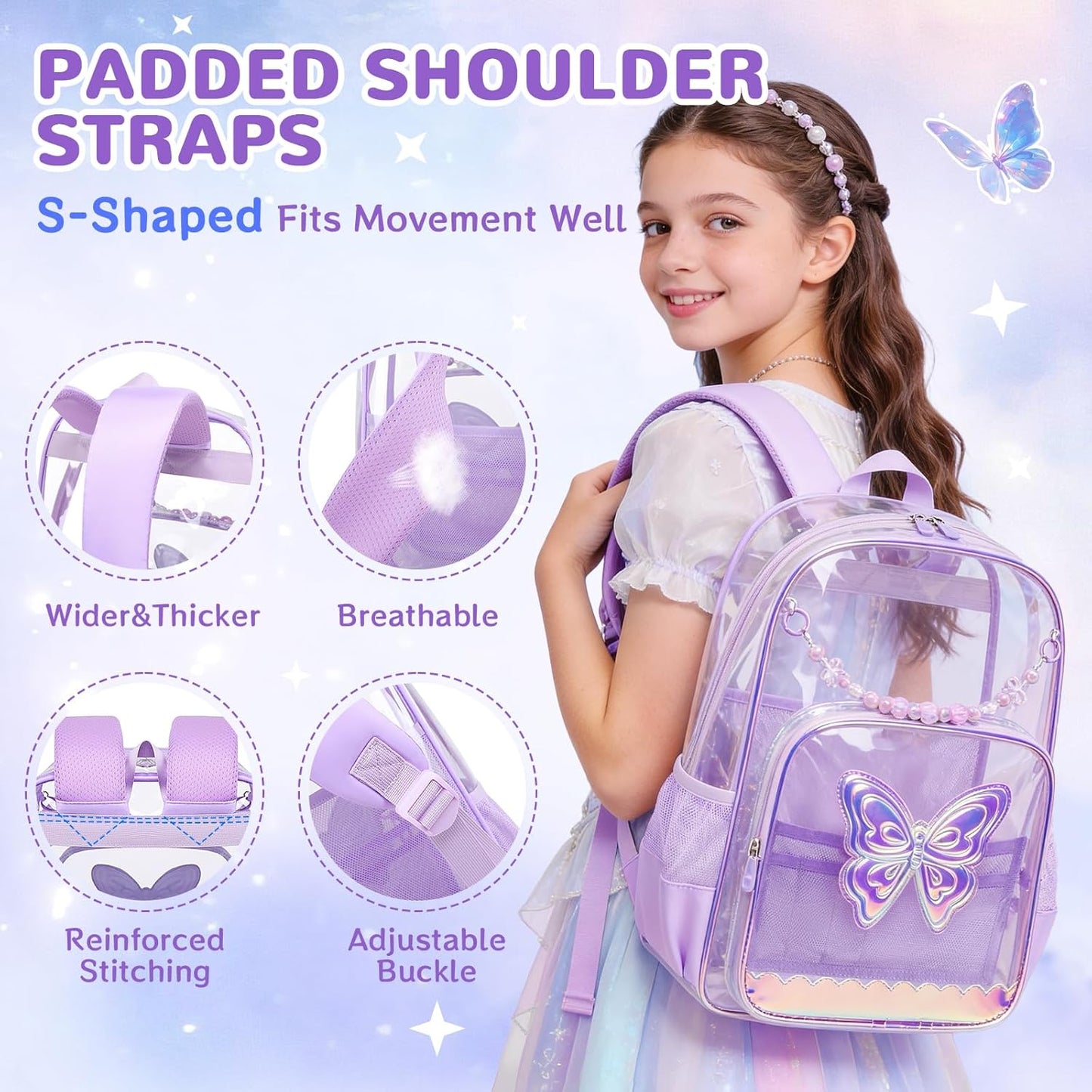 Clear Backpack for School, Clear Bookbag for Girls PVC Heavy Duty Transparent Backpack, Purple Butterfly