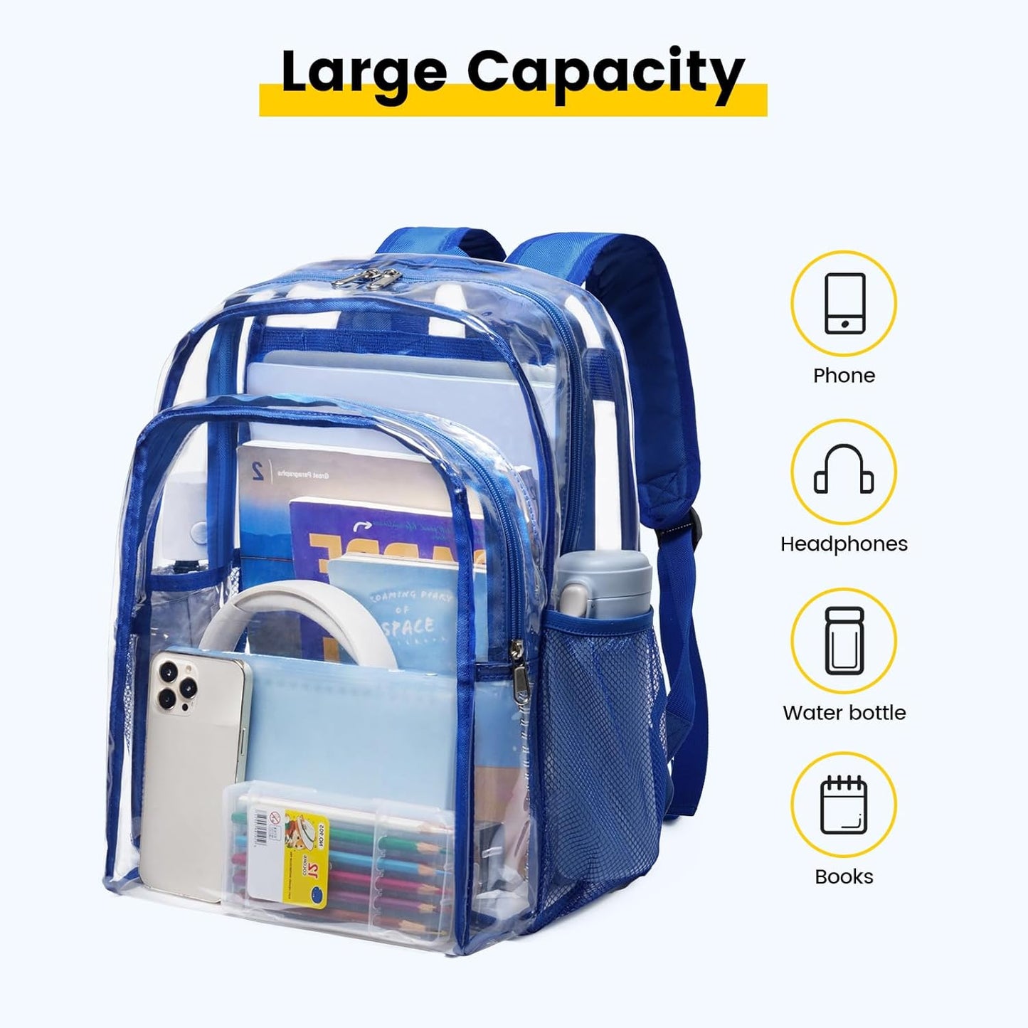 Clear Backpack Heavy Duty - Clear Backpacks for School Transparent Bookbag for Girls Boys Large See through Bag for Work, College, Concert - Blue