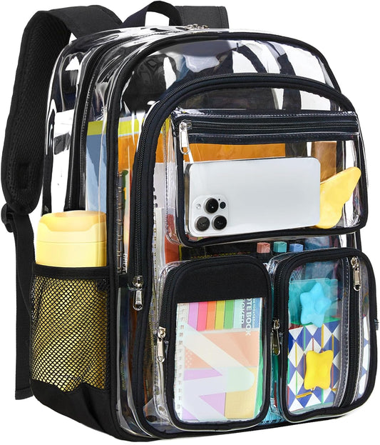 Clear Backpack for School - Heavy Duty Transparent Bookbag for Girls Boys Large See through Backpacks for Teens, Work, Travel, Festival - Black