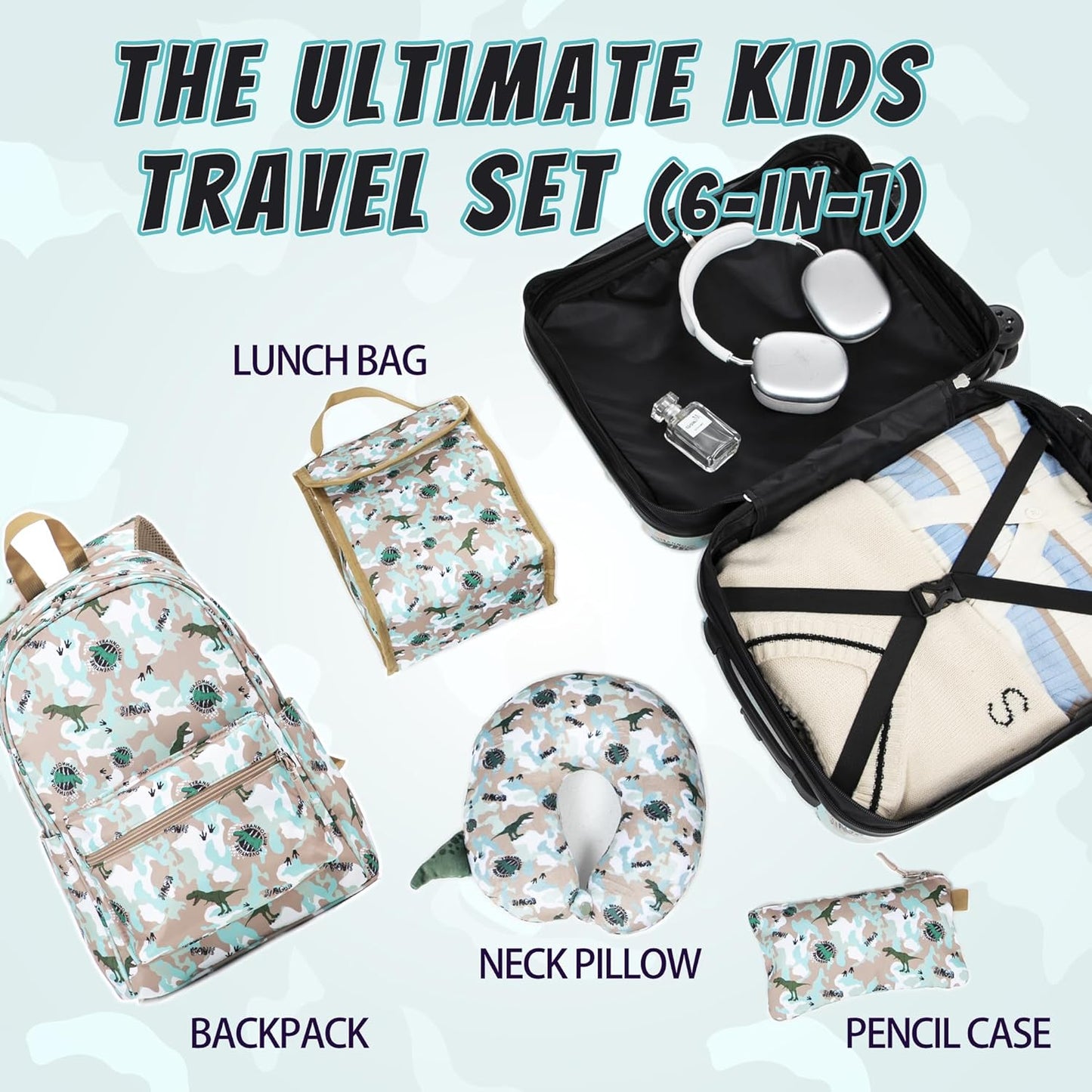 Children's 6-Piece Luggage Set, 16-Inch Hardside Suitcase with Spinner Wheels, Airline Approved Carry-On for Boys and Girls