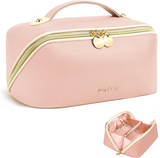Makeup Bag for Women Travel Waterproof Vegan Leather Cosmetic Bag Open Flat Toiletry Bag with Clear Divider and Handle (Pink, Medium)