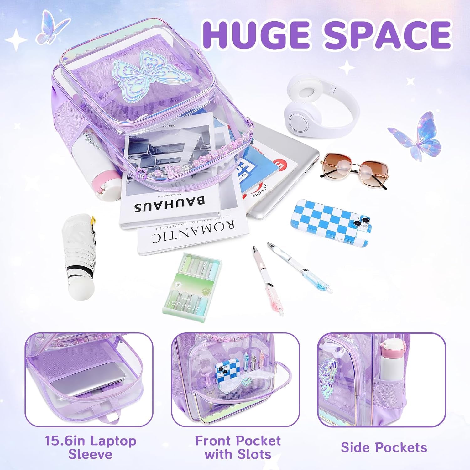 Clear Backpack for School, Clear Bookbag for Girls PVC Heavy Duty Transparent Backpack, Purple Butterfly