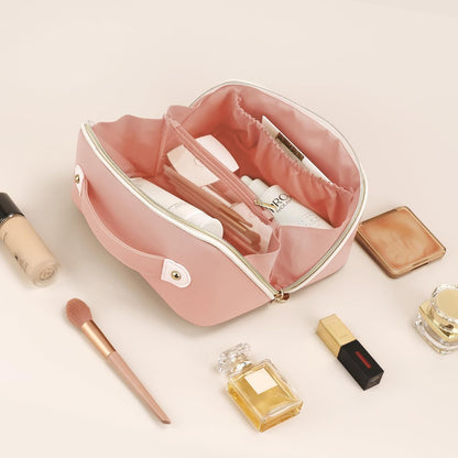 Makeup Bag for Women Travel Waterproof Vegan Leather Cosmetic Bag Open Flat Toiletry Bag with Clear Divider and Handle (Pink, Medium)
