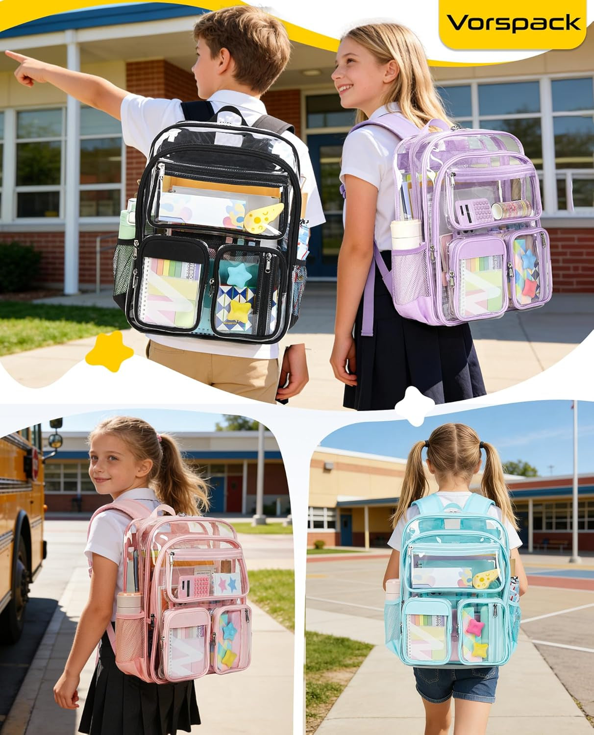 Clear Backpack for School - Heavy Duty Transparent Bookbag for Girls Boys Large See through Backpacks for Teens, Work, Travel, Festival - Black