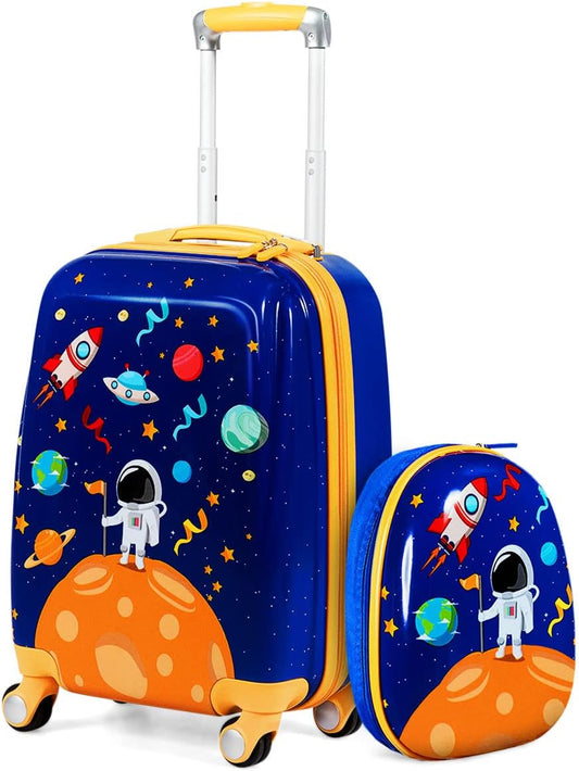 Kids Luggage, 12" Toddler Backpack & 18" Travel Suitcase with Wheels, Lightweight Toddler Suitcase, Durable ABS Hardshell, 2Pcs Carry on Luggage Set for Boys Girls, Blue Astronaut