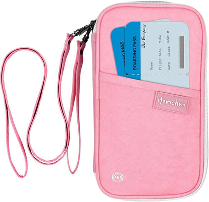 RFID Passport Wallet with Vaccine Card Slot, Family Travel Passport Holder Document Organizer Bag with Wrist & Neck Double Strap