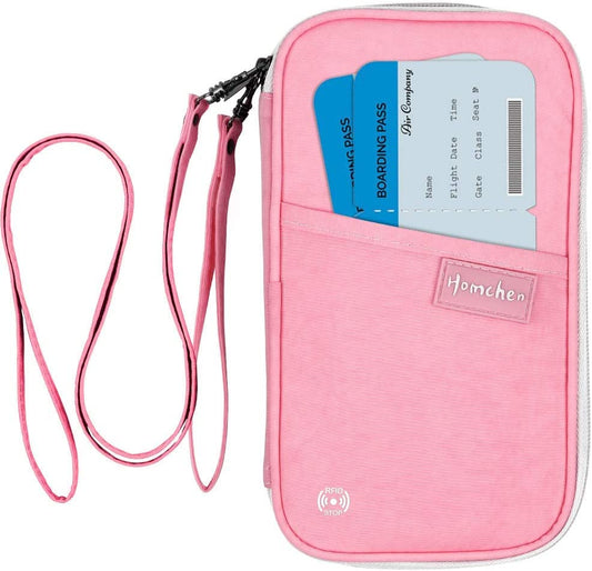 RFID Passport Wallet with Vaccine Card Slot, Family Travel Passport Holder Document Organizer Bag with Wrist & Neck Double Strap