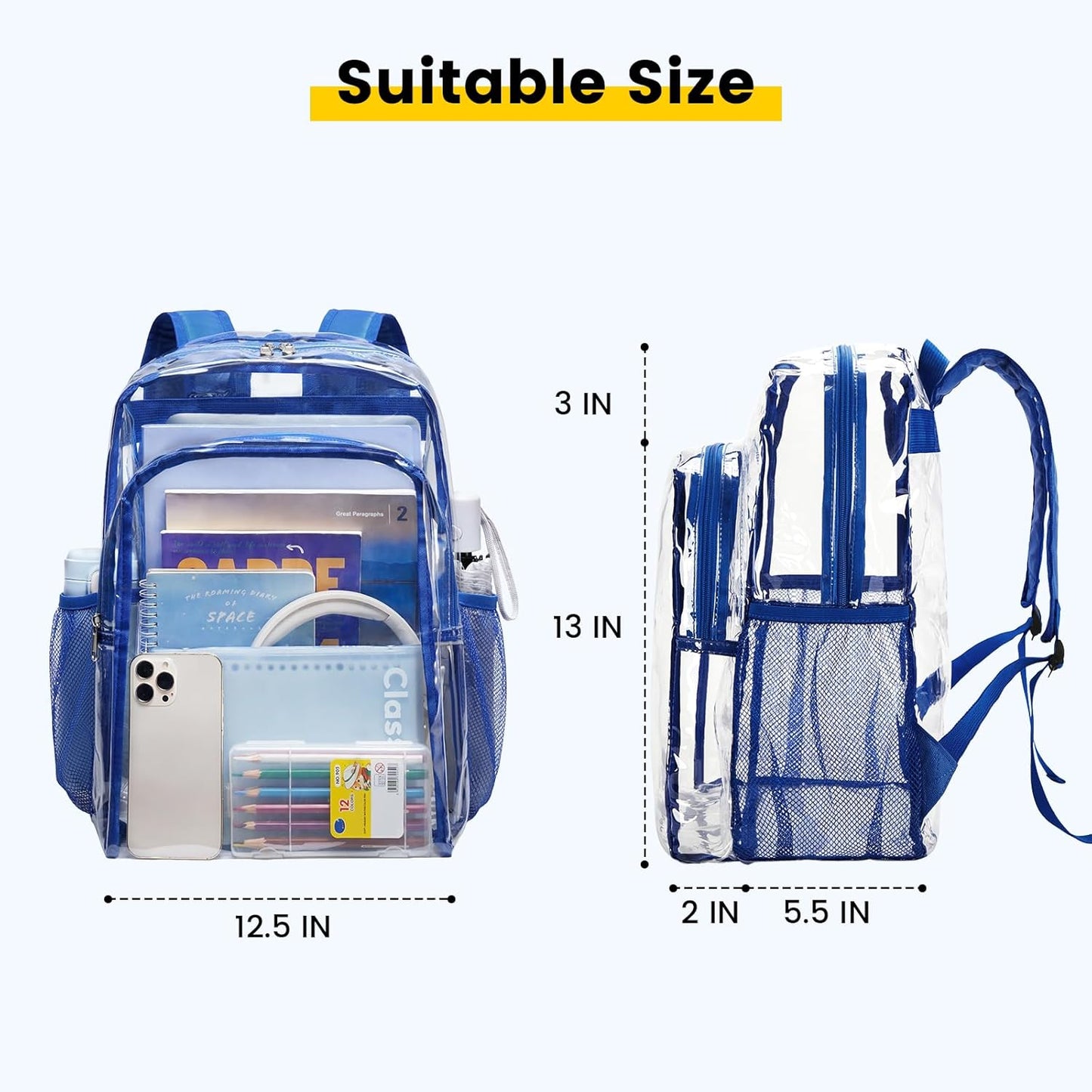 Clear Backpack Heavy Duty - Clear Backpacks for School Transparent Bookbag for Girls Boys Large See through Bag for Work, College, Concert - Blue