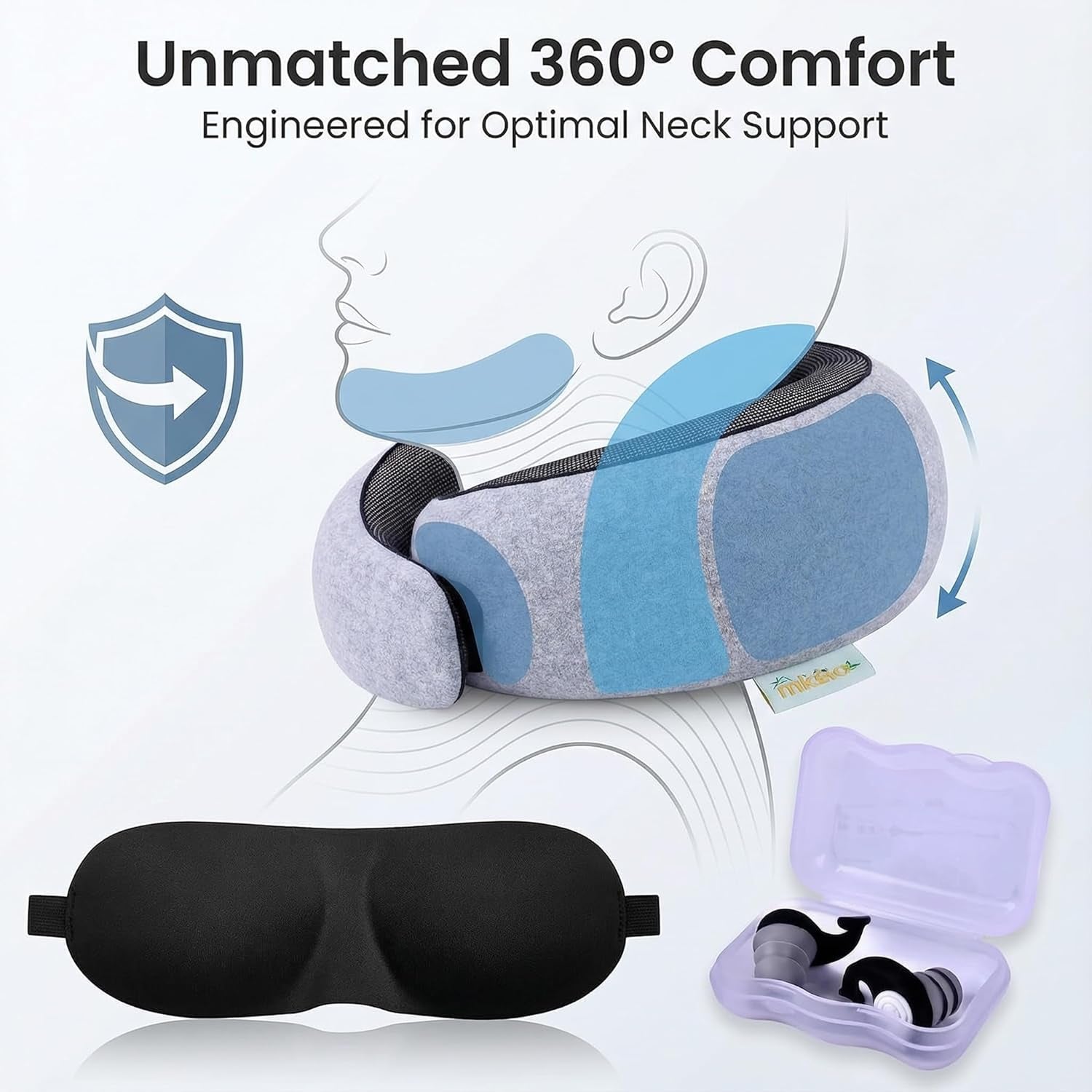 Neck Pillow Airplane Travel Set - Memory Foam Pillow for Plane and Driving Neck Rest - 360 Ergonomic Support Travel Neck Pillows for Sleeping - Washable Cushion Kit for Flight, Car & Office