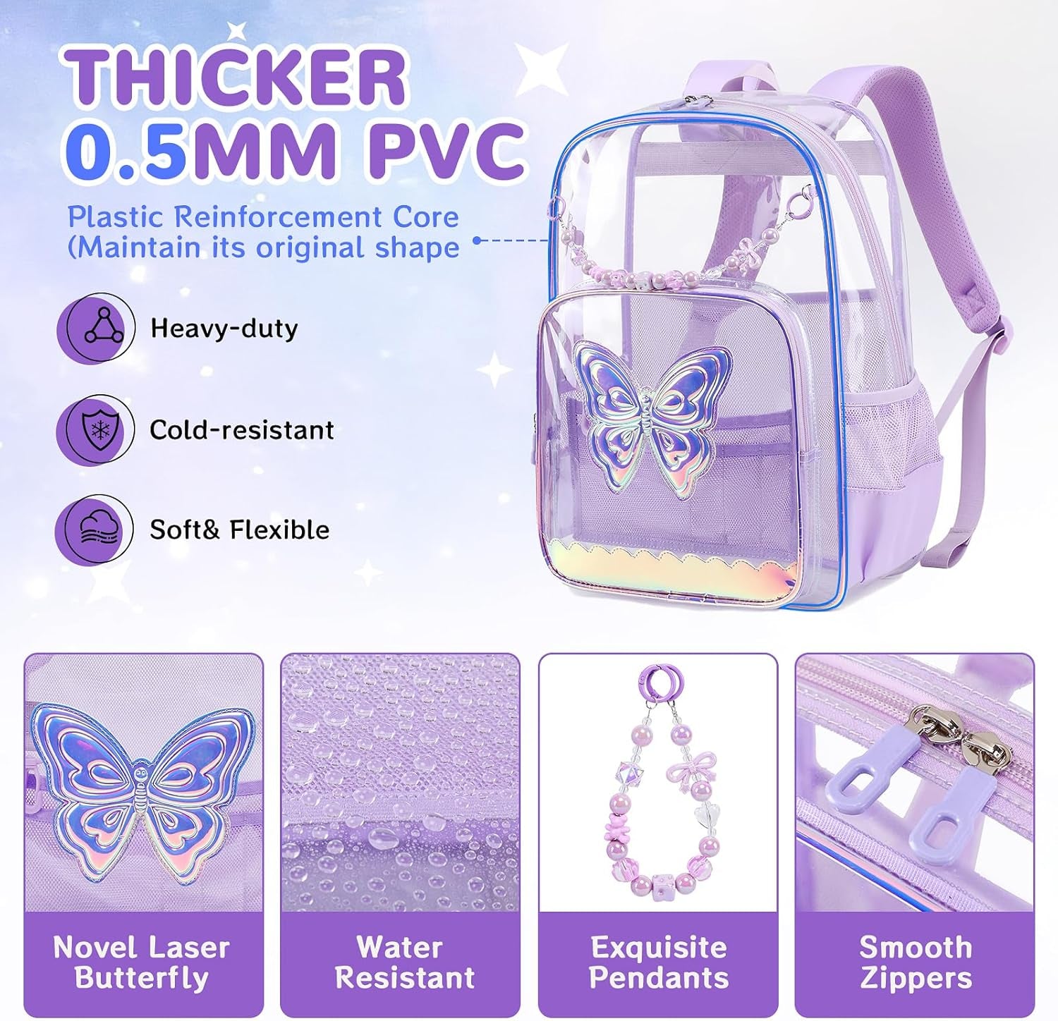 Clear Backpack for School, Clear Bookbag for Girls PVC Heavy Duty Transparent Backpack, Purple Butterfly
