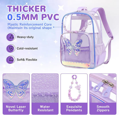 Clear Backpack for School, Clear Bookbag for Girls PVC Heavy Duty Transparent Backpack, Purple Butterfly