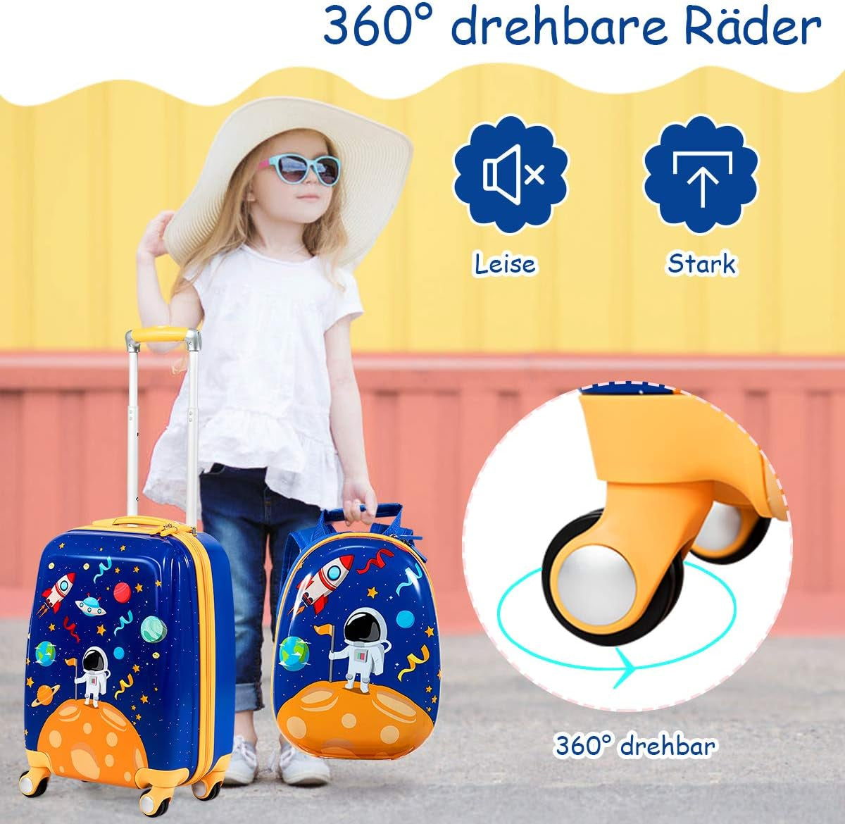 Kids Luggage, 12" Toddler Backpack & 18" Travel Suitcase with Wheels, Lightweight Toddler Suitcase, Durable ABS Hardshell, 2Pcs Carry on Luggage Set for Boys Girls, Blue Astronaut