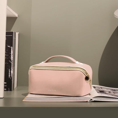 Makeup Bag for Women Travel Waterproof Vegan Leather Cosmetic Bag Open Flat Toiletry Bag with Clear Divider and Handle (Pink, Medium)