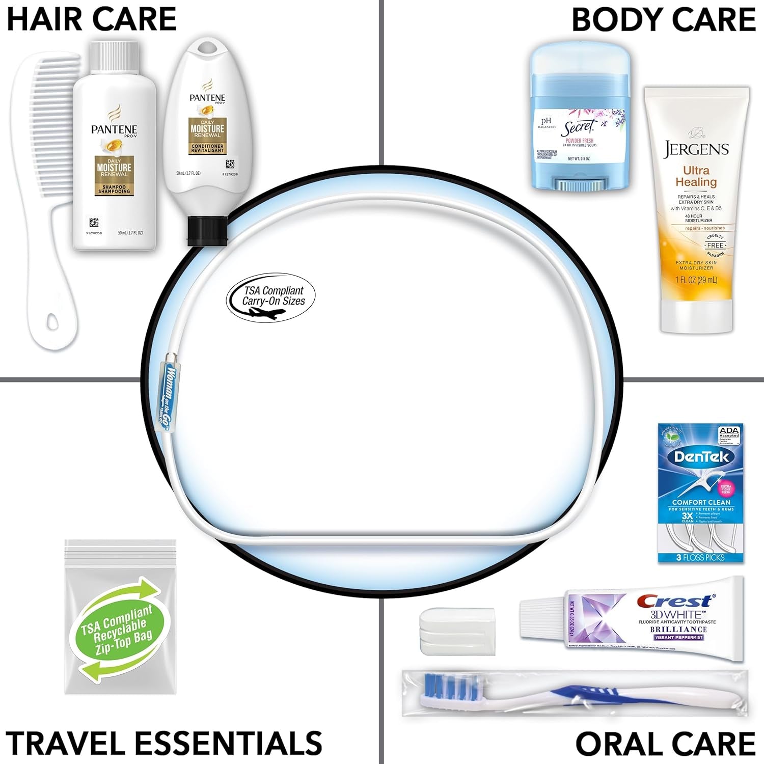 Women'S Deluxe 10 Piece Kit with Travel Size TSA Compliant Essentials Featuring: Pantene Hair Products in Reusable Toiletry Zippered Bag