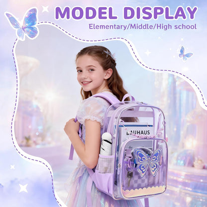 Clear Backpack for School, Clear Bookbag for Girls PVC Heavy Duty Transparent Backpack, Purple Butterfly