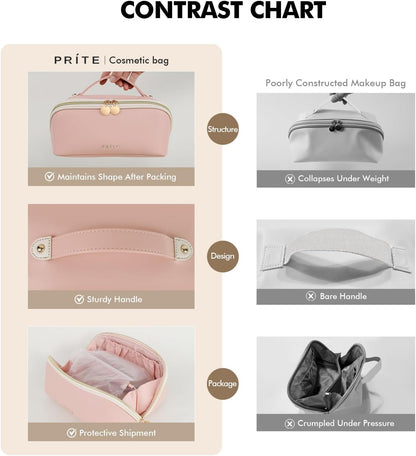 Makeup Bag for Women Travel Waterproof Vegan Leather Cosmetic Bag Open Flat Toiletry Bag with Clear Divider and Handle (Pink, Medium)