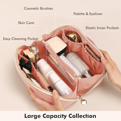 Makeup Bag for Women Travel Waterproof Vegan Leather Cosmetic Bag Open Flat Toiletry Bag with Clear Divider and Handle (Pink, Medium)