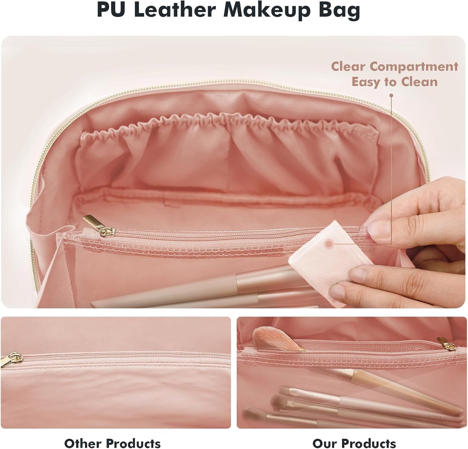 Makeup Bag for Women Travel Waterproof Vegan Leather Cosmetic Bag Open Flat Toiletry Bag with Clear Divider and Handle (Pink, Medium)