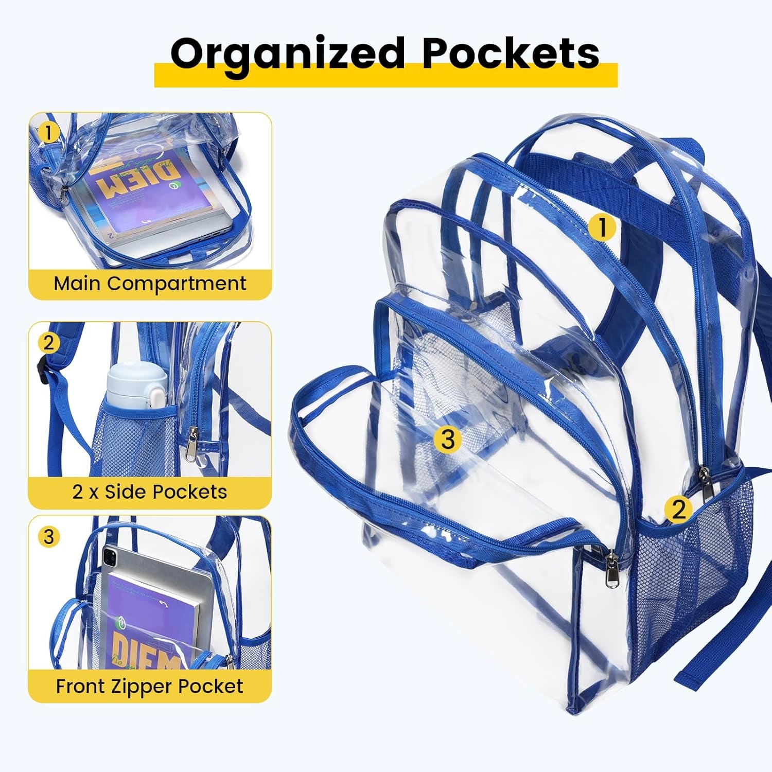 Clear Backpack Heavy Duty - Clear Backpacks for School Transparent Bookbag for Girls Boys Large See through Bag for Work, College, Concert - Blue