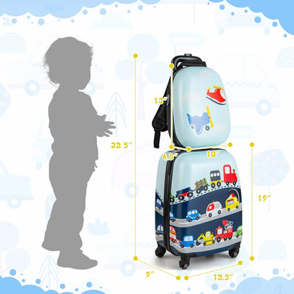 Kids Luggage, 12" Toddler Backpack & 16" Travel Suitcase with Wheels, Lightweight Toddler Girls Suitcase, Durable ABS Hardshell, 2Pcs Carry on Luggage Set for Boys Girls(Car)