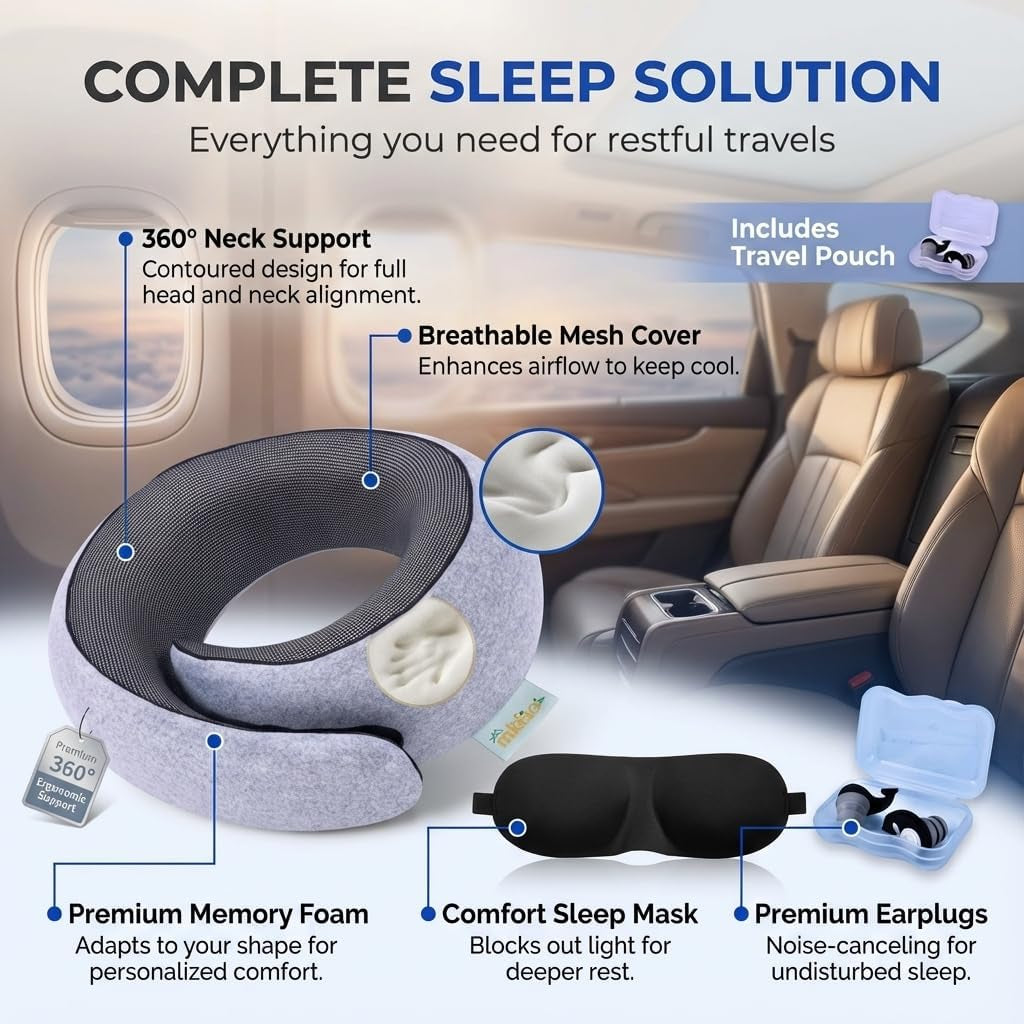 Neck Pillow Airplane Travel Set - Memory Foam Pillow for Plane and Driving Neck Rest - 360 Ergonomic Support Travel Neck Pillows for Sleeping - Washable Cushion Kit for Flight, Car & Office