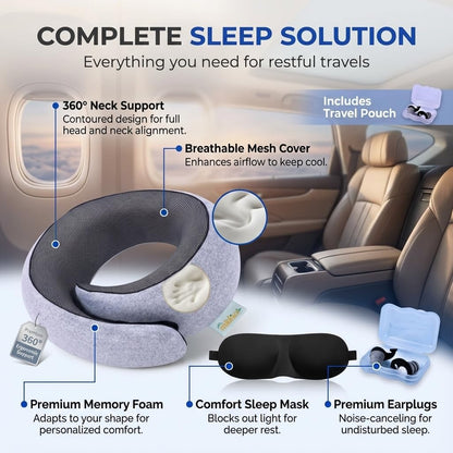 Neck Pillow Airplane Travel Set - Memory Foam Pillow for Plane and Driving Neck Rest - 360 Ergonomic Support Travel Neck Pillows for Sleeping - Washable Cushion Kit for Flight, Car & Office
