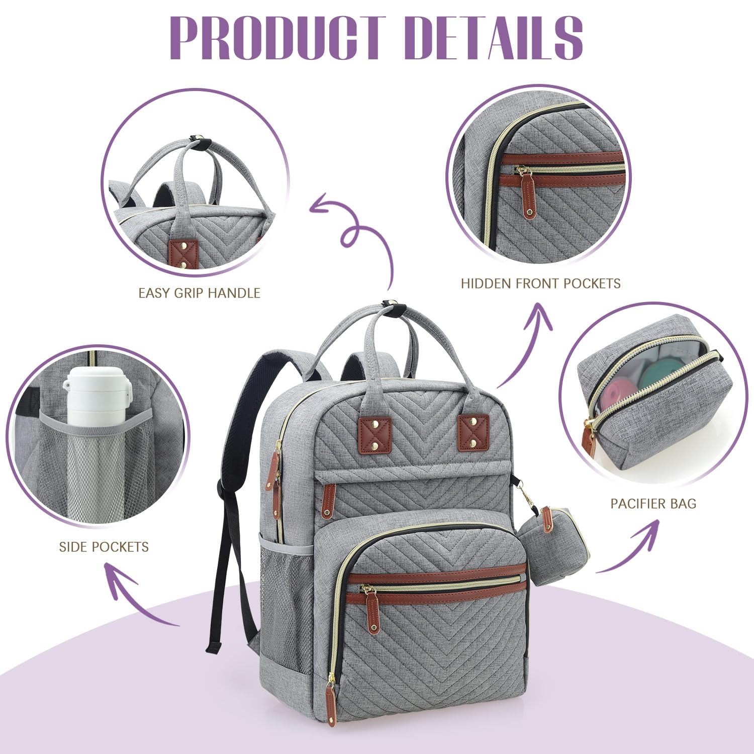 Diaper Bag Backpack, Baby Essentials Travel Tote Bag, Multi Function Waterproof Backpacks, Travel Essentials with Stroller Straps & Pacifier Case - Grey