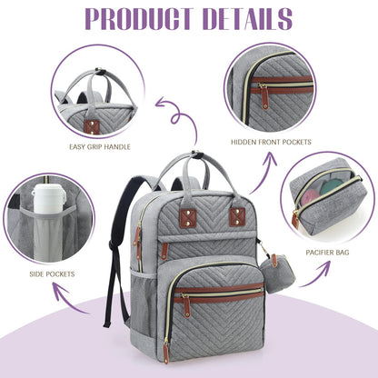 Diaper Bag Backpack, Baby Essentials Travel Tote Bag, Multi Function Waterproof Backpacks, Travel Essentials with Stroller Straps & Pacifier Case - Grey