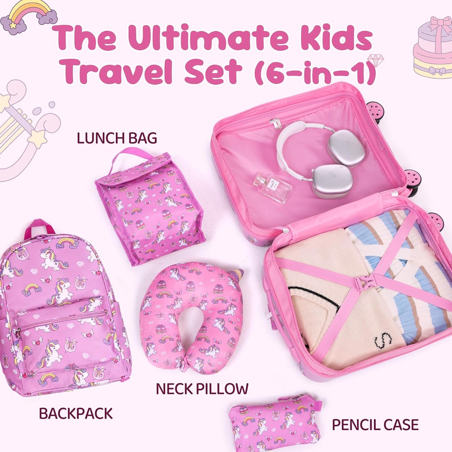 Children's 6-Piece Luggage Set - 16-Inch Hardside Suitcase with Spinner Wheels, Airline Approved Carry-On Travel Rolling Luggage for Boys and Girls
