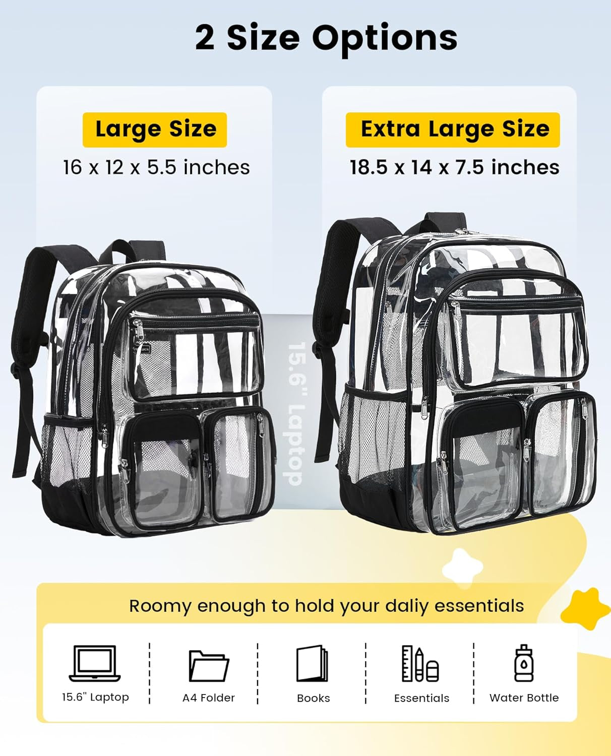 Clear Backpack for School - Heavy Duty Transparent Bookbag for Girls Boys Large See through Backpacks for Teens, Work, Travel, Festival - Black