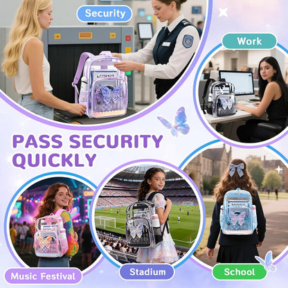 Clear Backpack for School, Clear Bookbag for Girls PVC Heavy Duty Transparent Backpack, Purple Butterfly
