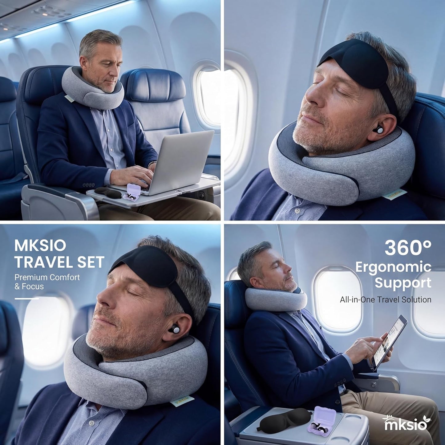 Neck Pillow Airplane Travel Set - Memory Foam Pillow for Plane and Driving Neck Rest - 360 Ergonomic Support Travel Neck Pillows for Sleeping - Washable Cushion Kit for Flight, Car & Office