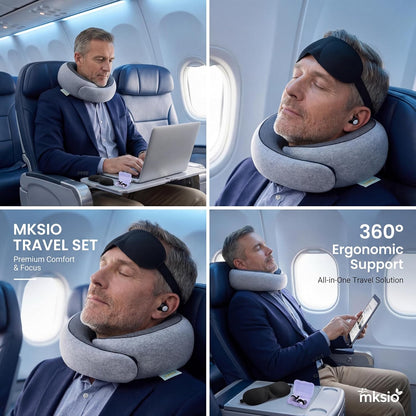 Neck Pillow Airplane Travel Set - Memory Foam Pillow for Plane and Driving Neck Rest - 360 Ergonomic Support Travel Neck Pillows for Sleeping - Washable Cushion Kit for Flight, Car & Office