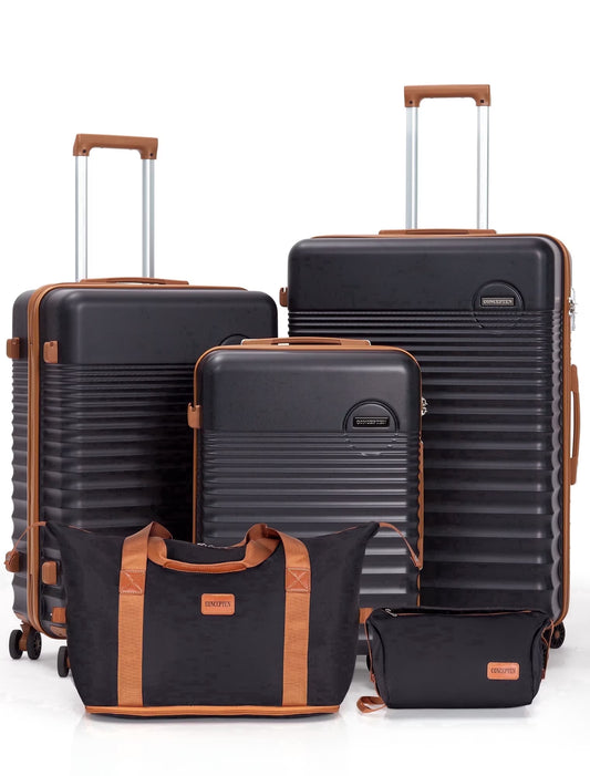 5-Piece Luggage Set ABS Hardshell Suitcase with TSA Lock（20"Carry-On and 24" Travel Suitcase、28"Checked Luggage)-Black