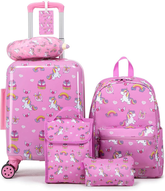 Children's 6-Piece Luggage Set - 16-Inch Hardside Suitcase with Spinner Wheels, Airline Approved Carry-On Travel Rolling Luggage for Boys and Girls
