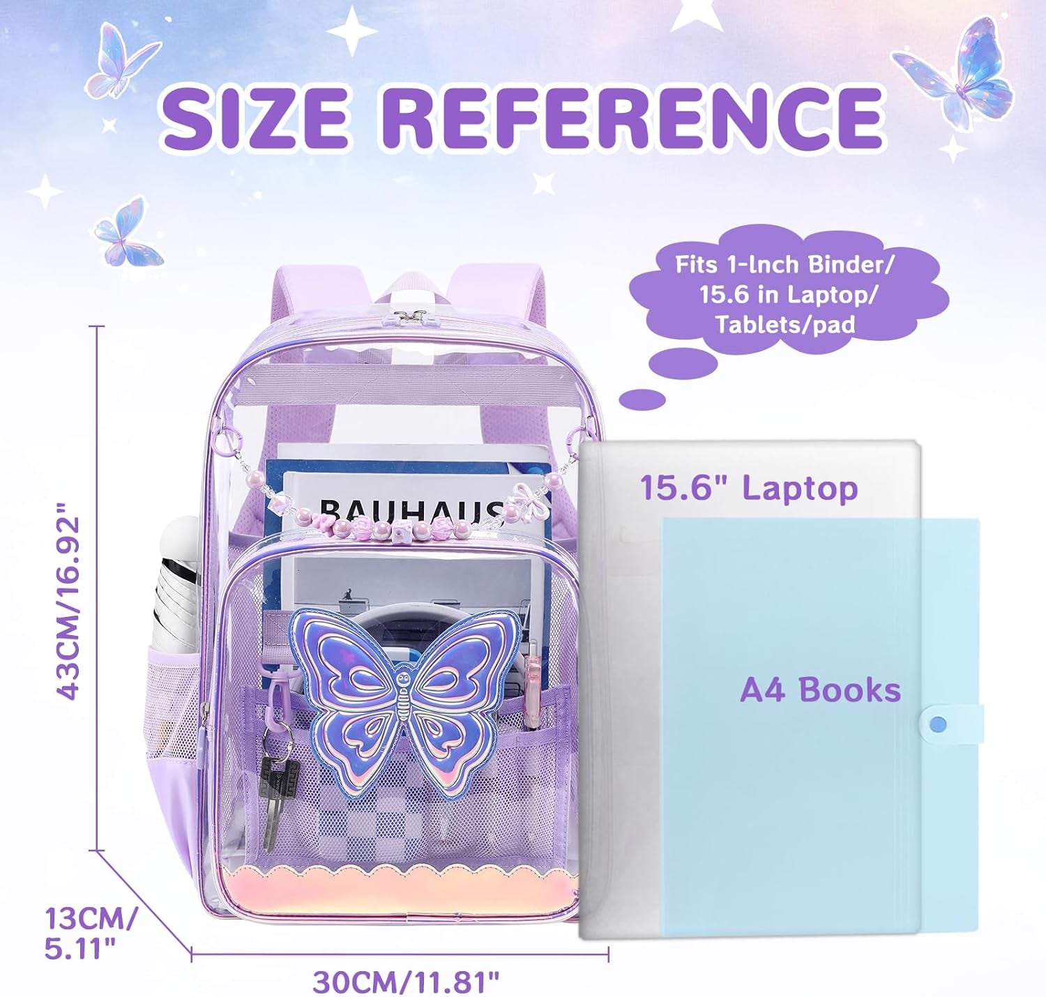 Clear Backpack for School, Clear Bookbag for Girls PVC Heavy Duty Transparent Backpack, Purple Butterfly